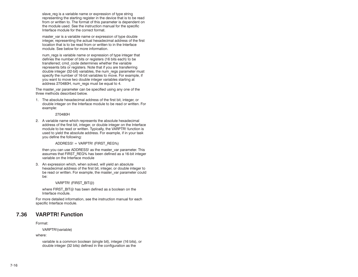 36 varptr! function | Rockwell Automation 57C610 Enhanced Basic Language, AutoMax User Manual | Page 104 / 146