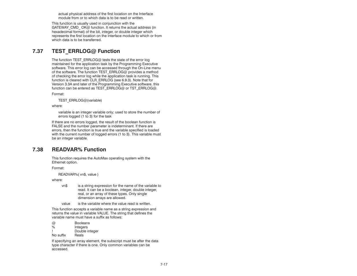 37 test_errlog@ function, 38 readvar% function | Rockwell Automation 57C610 Enhanced Basic Language, AutoMax User Manual | Page 105 / 146