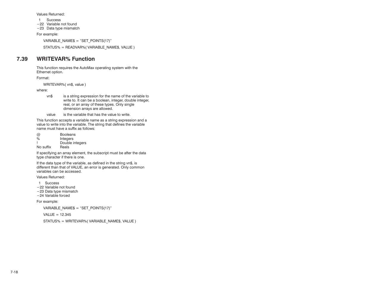 39 writevar% function | Rockwell Automation 57C610 Enhanced Basic Language, AutoMax User Manual | Page 106 / 146