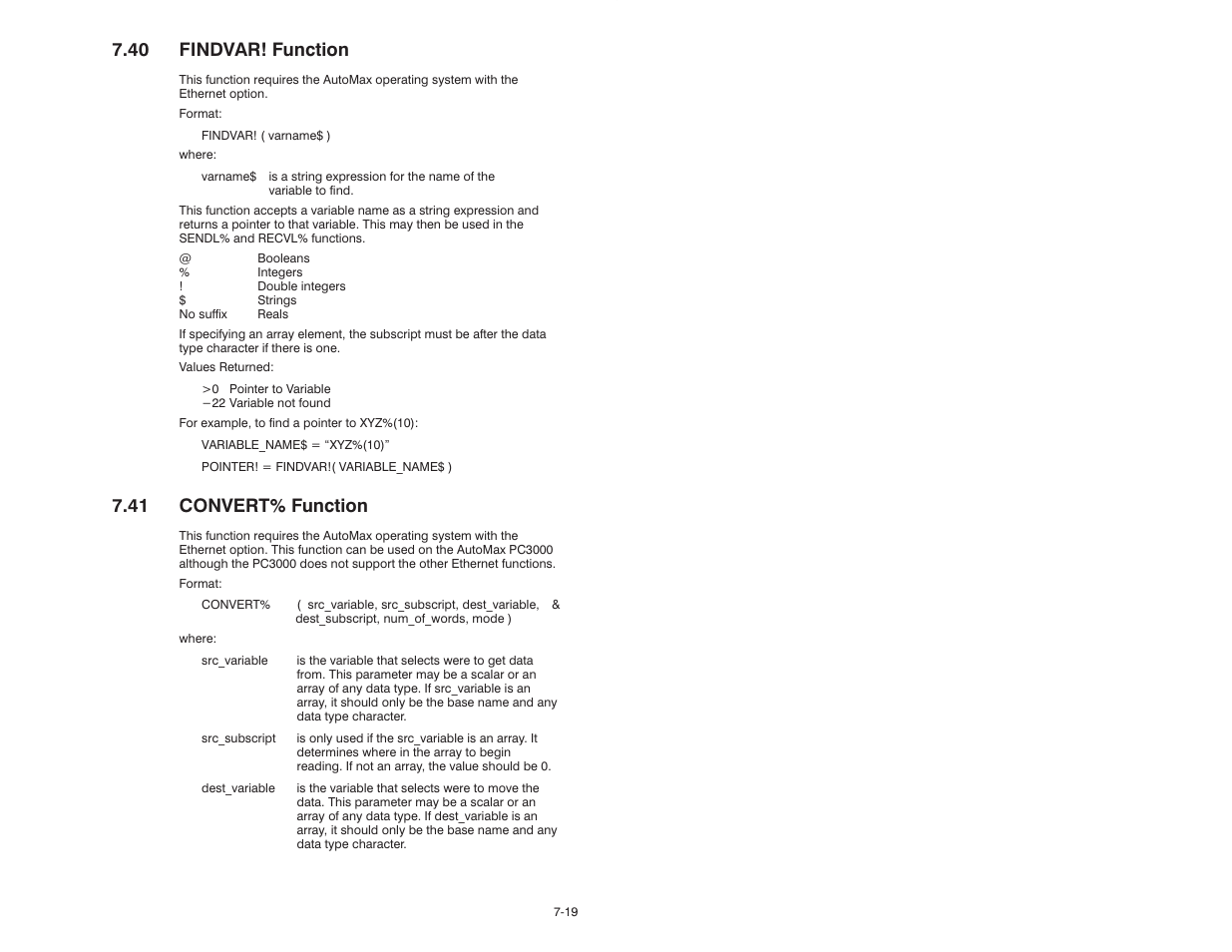 40 findvar! function, 41 convert% function | Rockwell Automation 57C610 Enhanced Basic Language, AutoMax User Manual | Page 107 / 146