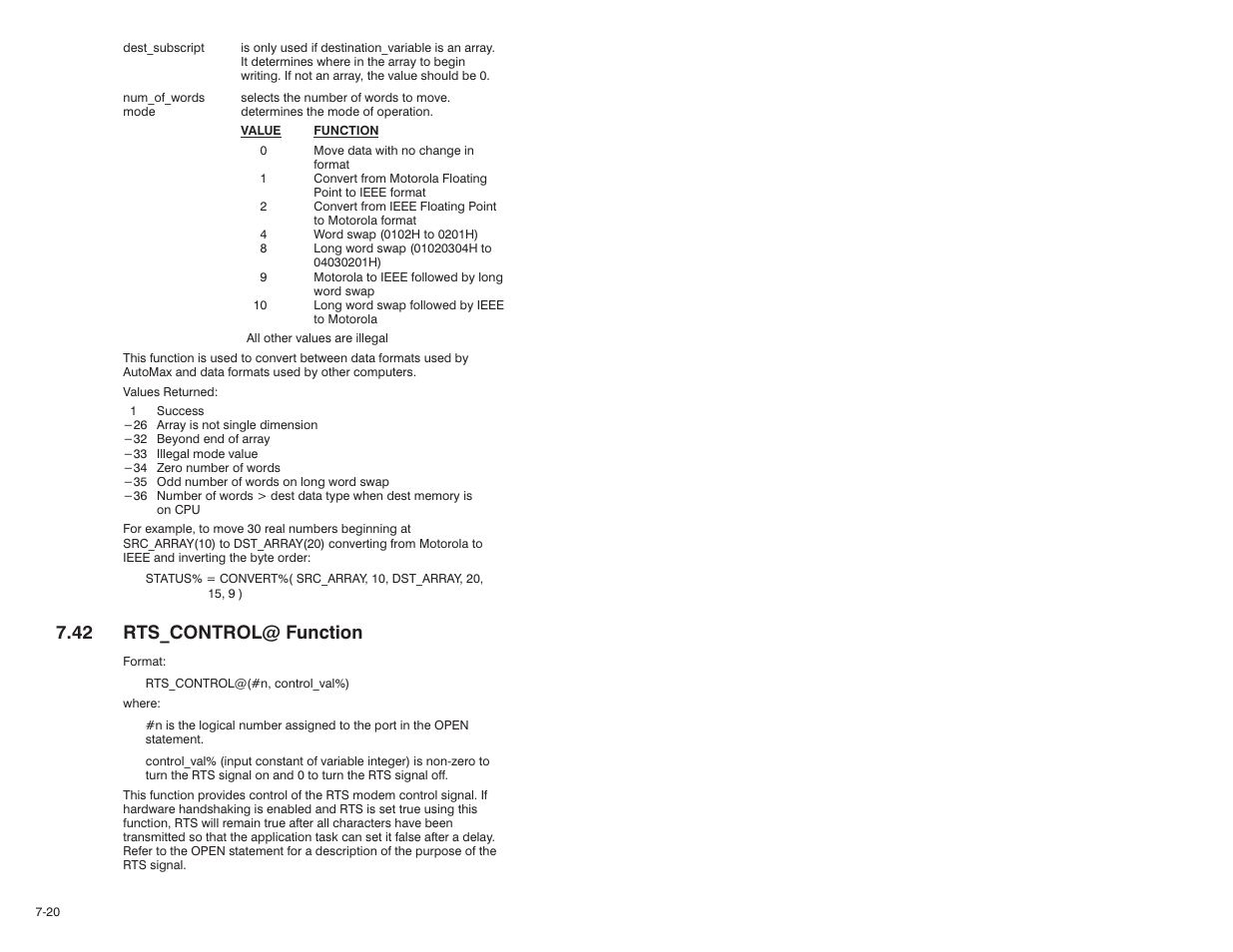 42 rts_control@ function | Rockwell Automation 57C610 Enhanced Basic Language, AutoMax User Manual | Page 108 / 146