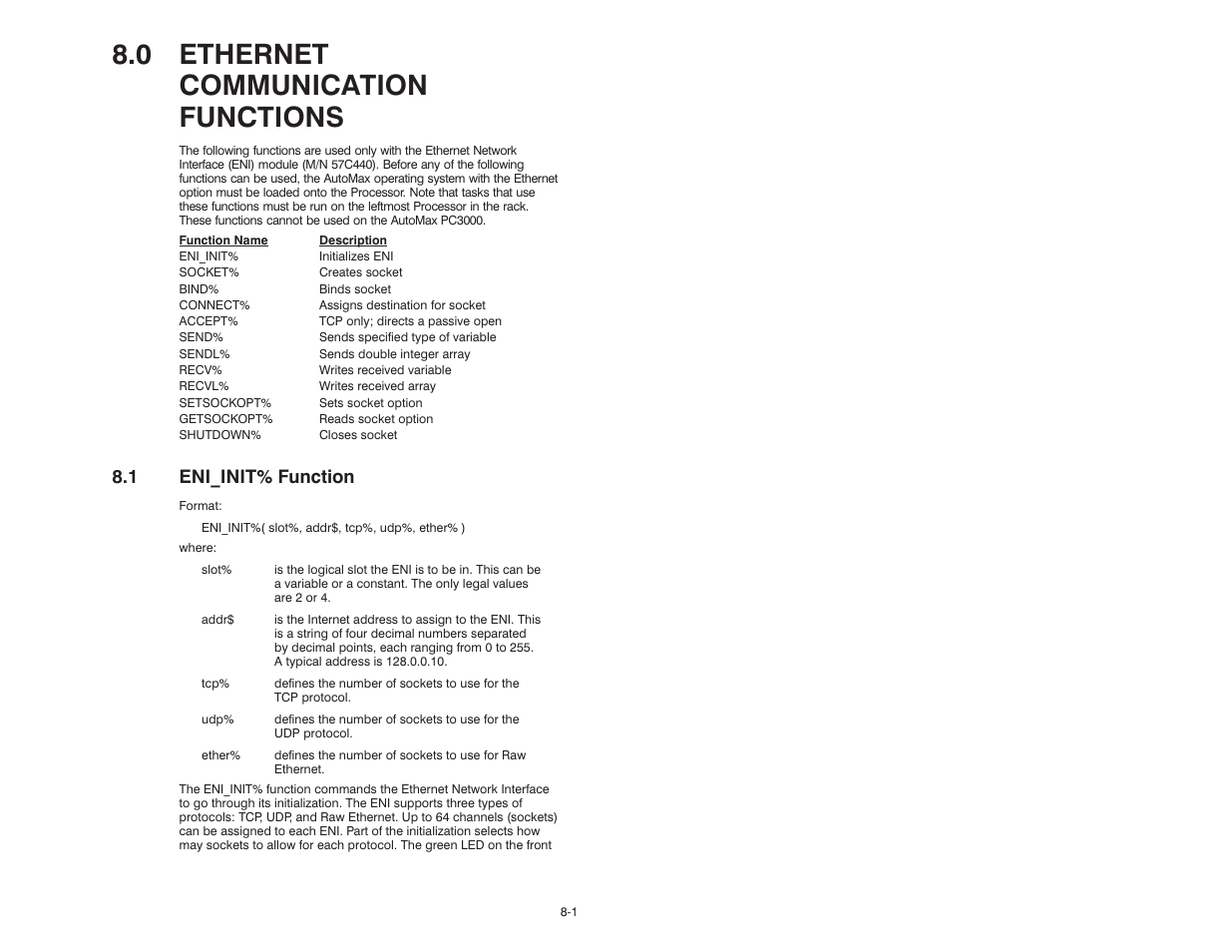 0 - ethernet communication functions, 1 eni_init% function, 0 ethernet communication functions | Rockwell Automation 57C610 Enhanced Basic Language, AutoMax User Manual | Page 111 / 146