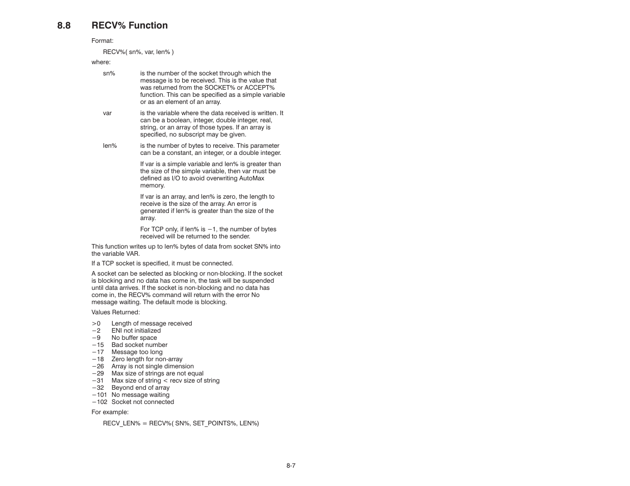 8 recv% function | Rockwell Automation 57C610 Enhanced Basic Language, AutoMax User Manual | Page 117 / 146