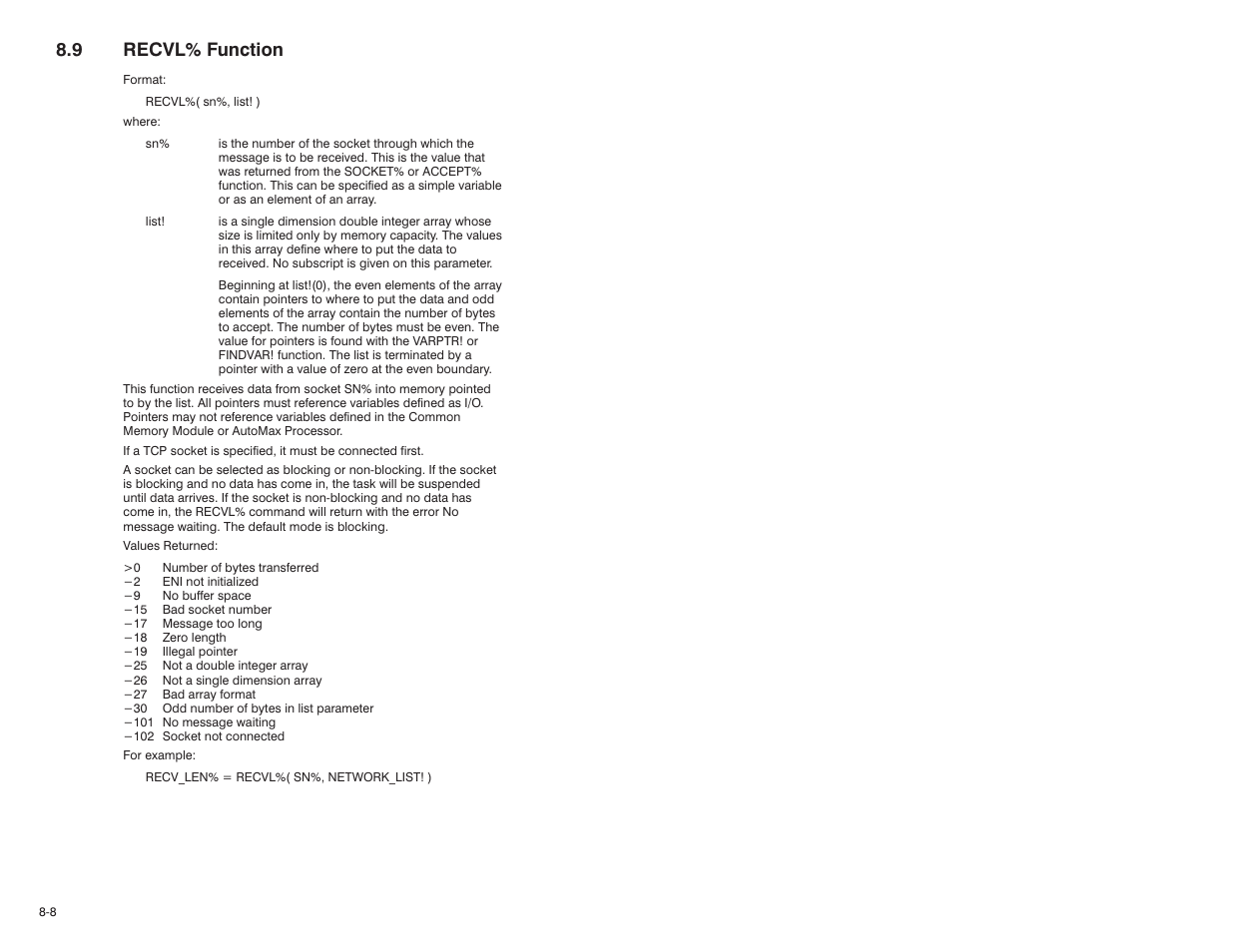 9 recvl% function | Rockwell Automation 57C610 Enhanced Basic Language, AutoMax User Manual | Page 118 / 146
