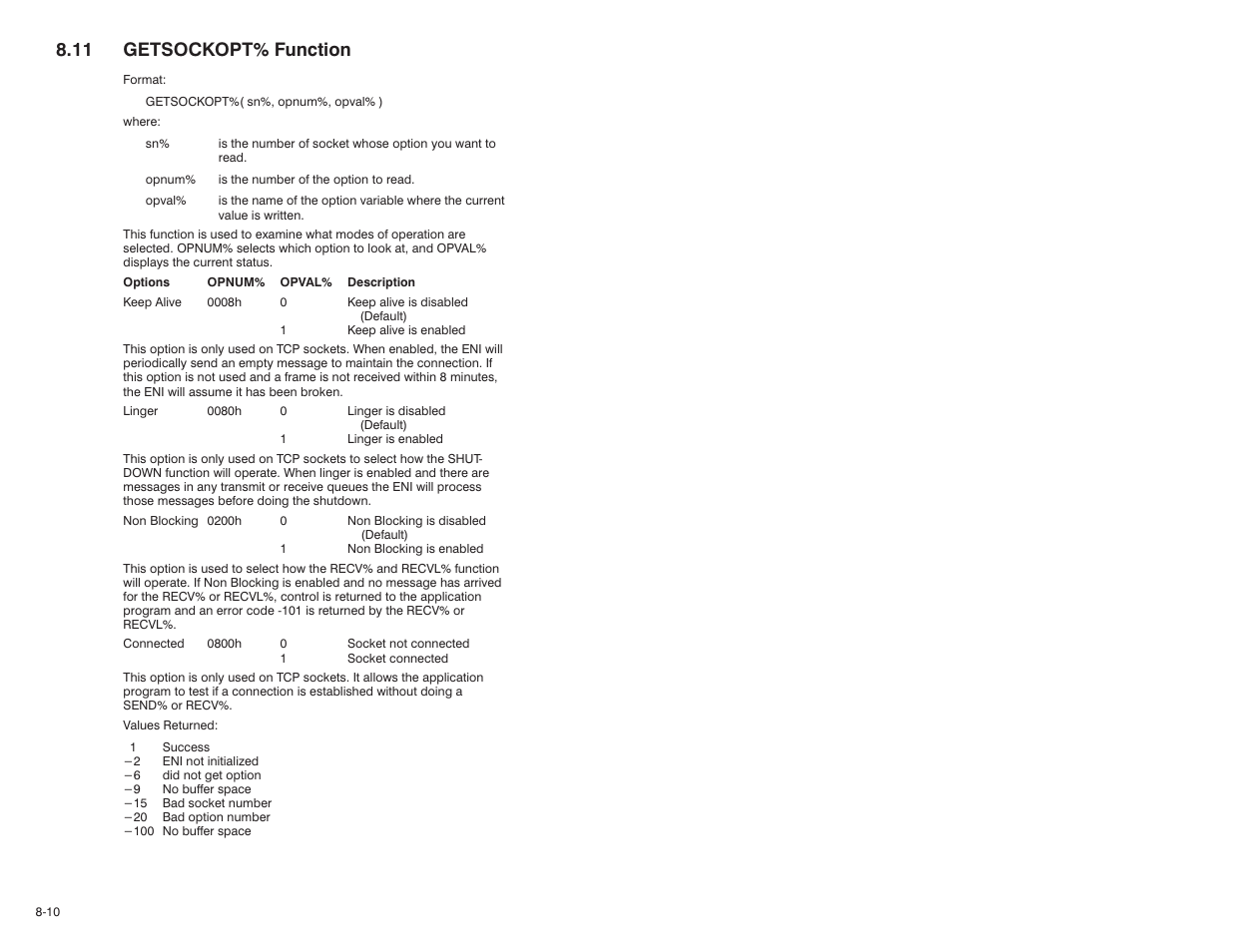 11 getsockopt% function | Rockwell Automation 57C610 Enhanced Basic Language, AutoMax User Manual | Page 120 / 146