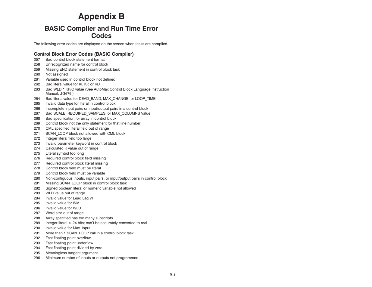 B - basic compiler and run time error codes, Appendix b, Basic compiler and run time error codes | Rockwell Automation 57C610 Enhanced Basic Language, AutoMax User Manual | Page 125 / 146
