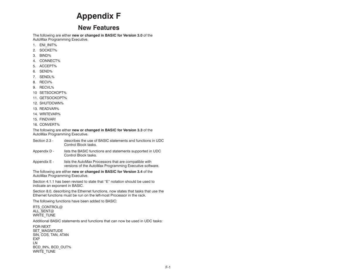F - new features, Appendix f, New features | Rockwell Automation 57C610 Enhanced Basic Language, AutoMax User Manual | Page 143 / 146