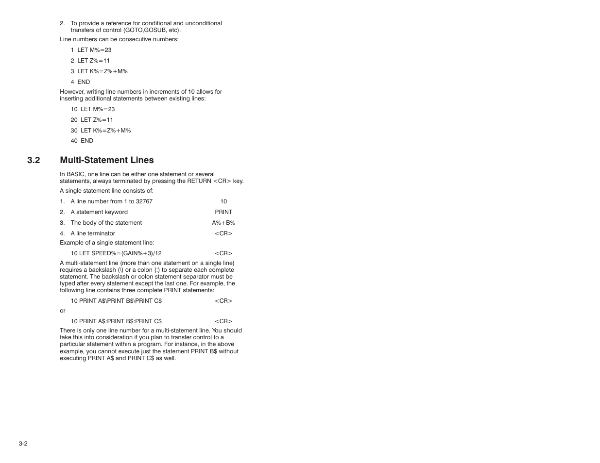 2 multi-statement lines, 2 multićstatement lines | Rockwell Automation 57C610 Enhanced Basic Language, AutoMax User Manual | Page 18 / 146