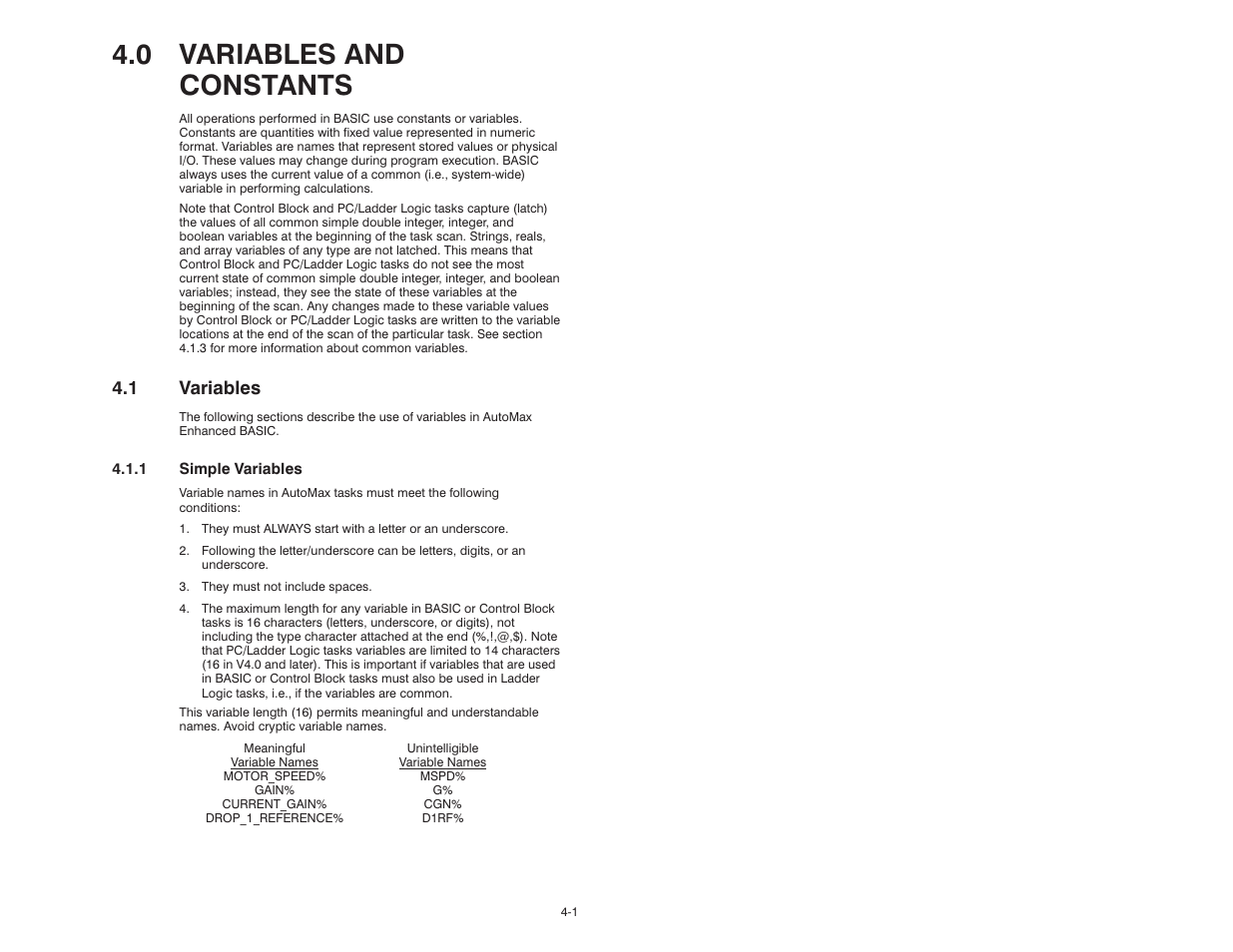 0 - variables and constants, 1 variables, 0 variables and constants | Rockwell Automation 57C610 Enhanced Basic Language, AutoMax User Manual | Page 21 / 146
