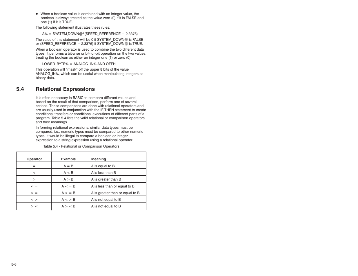 4 relational expressions | Rockwell Automation 57C610 Enhanced Basic Language, AutoMax User Manual | Page 38 / 146
