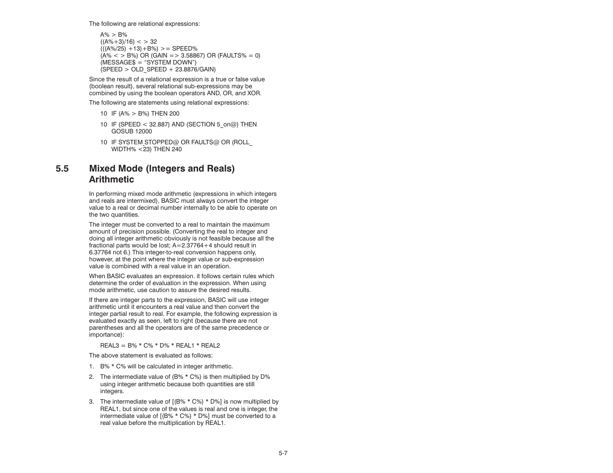 5 mixed mode (integers and reals) arithmetic | Rockwell Automation 57C610 Enhanced Basic Language, AutoMax User Manual | Page 39 / 146