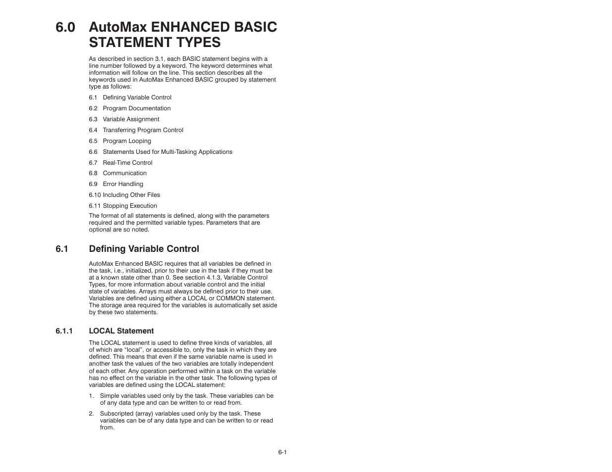 0 - automax enhanced basic statement types, 1 defining variable control, 0 automax enhanced basic statement types | Rockwell Automation 57C610 Enhanced Basic Language, AutoMax User Manual | Page 41 / 146