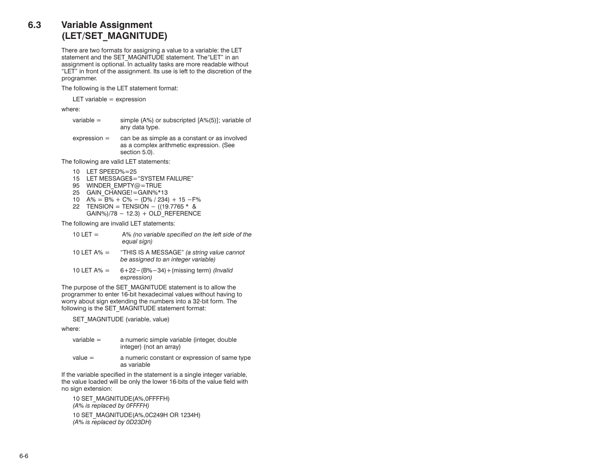 3 variable assignment (let/set_magnitude) | Rockwell Automation 57C610 Enhanced Basic Language, AutoMax User Manual | Page 46 / 146