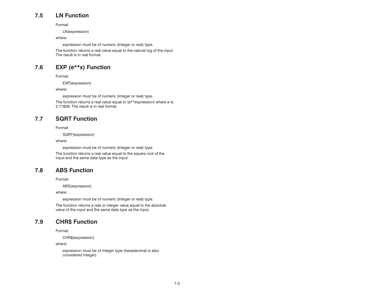 5 ln function, 6 exp (e**x) function, 7 sqrt function | 8 abs function, 9 chr$ function | Rockwell Automation 57C610 Enhanced Basic Language, AutoMax User Manual | Page 91 / 146