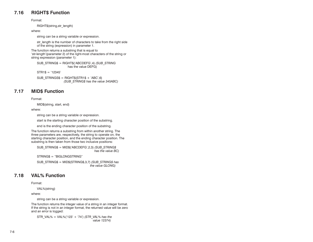 16 right$ function, 17 mid$ function, 18 val% function | Rockwell Automation 57C610 Enhanced Basic Language, AutoMax User Manual | Page 94 / 146