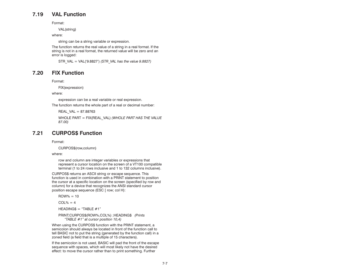 19 val function, 20 fix function, 21 curpos$ functionb7.22 clrscr$ function | 21 curpos$ function | Rockwell Automation 57C610 Enhanced Basic Language, AutoMax User Manual | Page 95 / 146