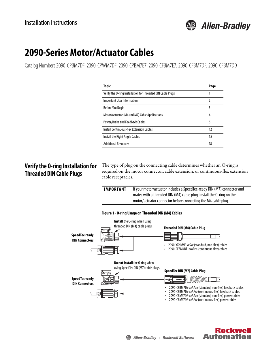 Rockwell Automation 2090-CFxxx 2090-Series Motor/Actuator Cable Installation Instructions User Manual | 20 pages