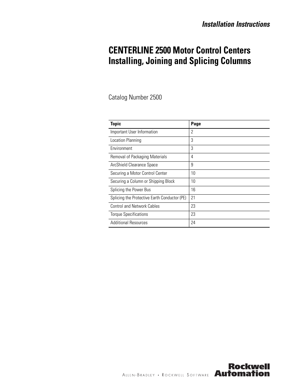 Rockwell Automation 2500 CENTERLINE MCC Joining and Splicing Columns User Manual | 24 pages