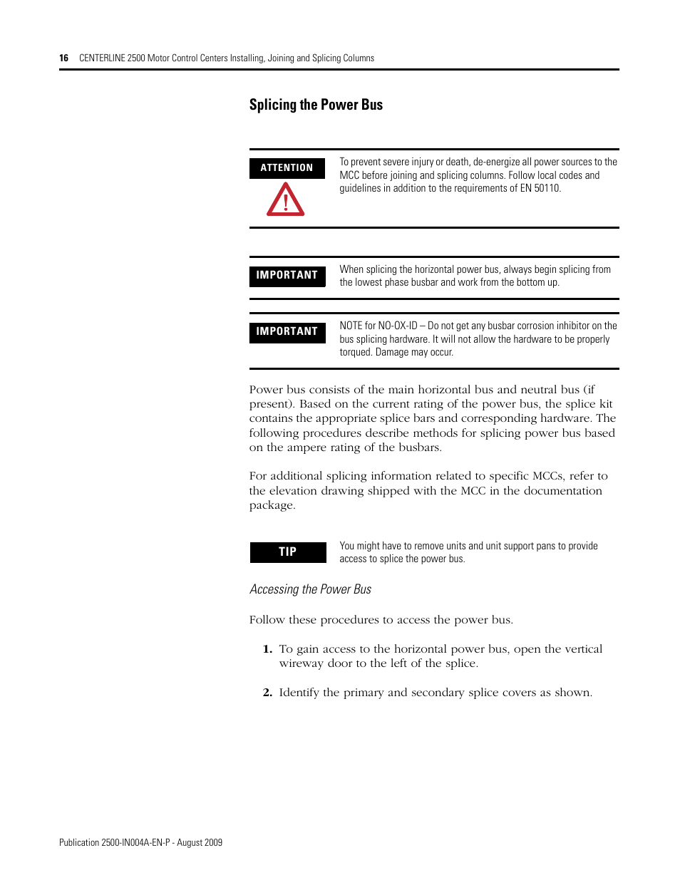 Splicing the power bus | Rockwell Automation 2500 CENTERLINE MCC Joining and Splicing Columns User Manual | Page 16 / 24