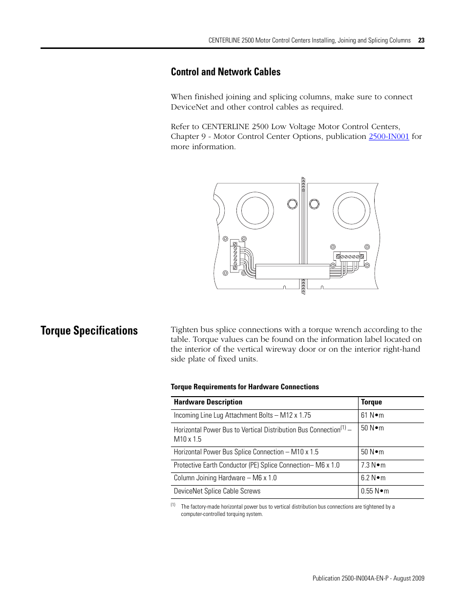 Torque specifications, Control and network cables, Torque requirements for hardware connections | Rockwell Automation 2500 CENTERLINE MCC Joining and Splicing Columns User Manual | Page 23 / 24