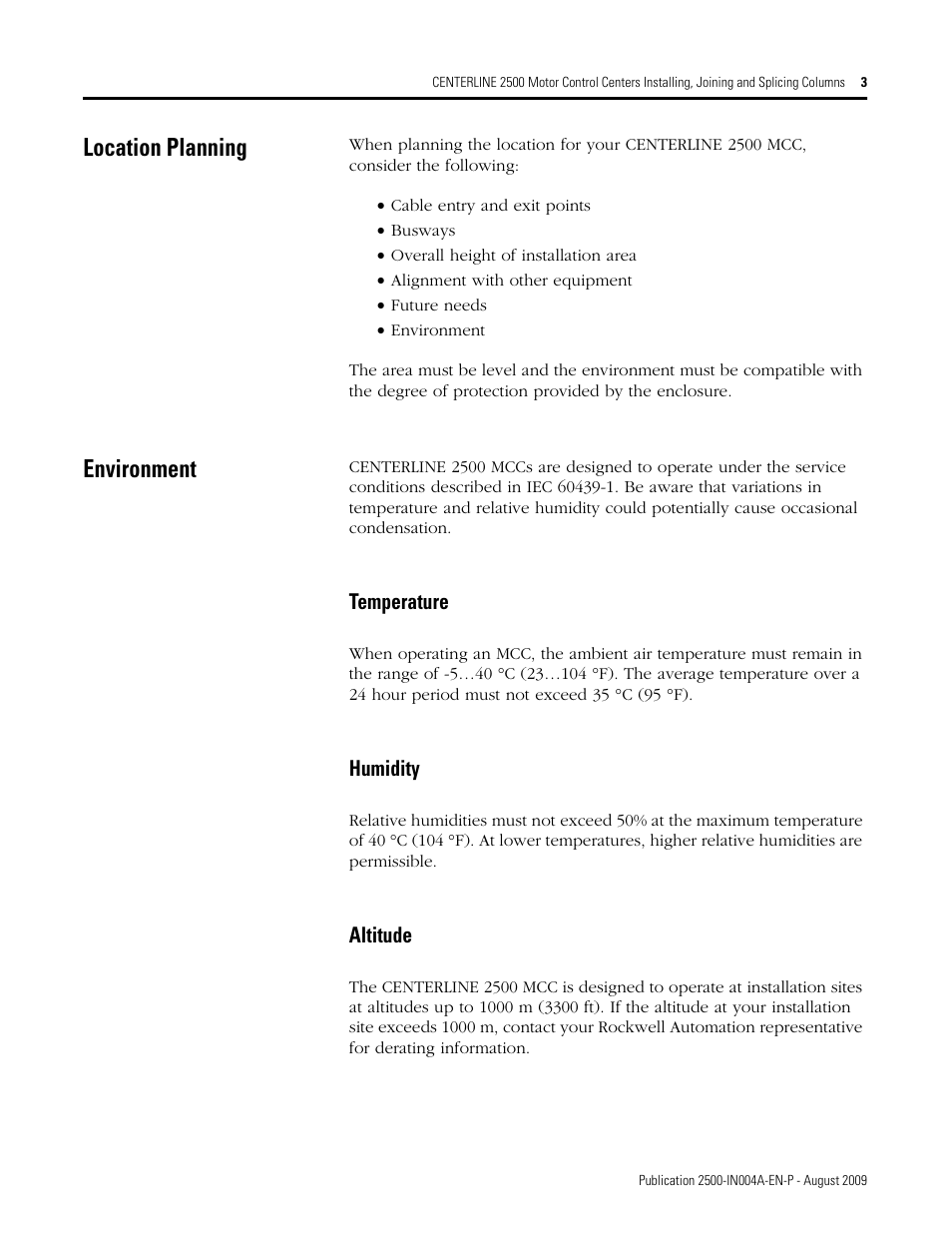Location planning, Environment | Rockwell Automation 2500 CENTERLINE MCC Joining and Splicing Columns User Manual | Page 3 / 24