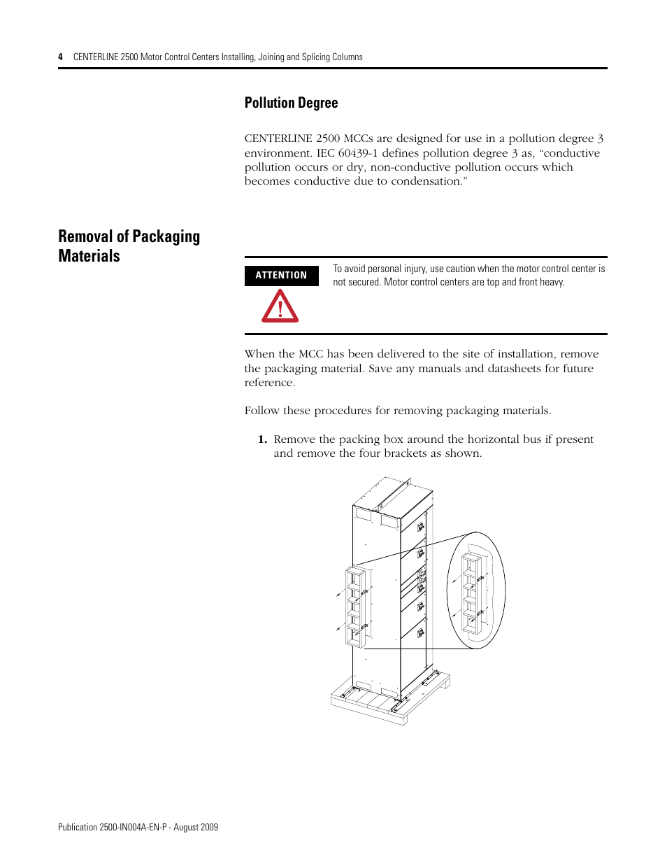 Removal of packaging materials, Pollution degree | Rockwell Automation 2500 CENTERLINE MCC Joining and Splicing Columns User Manual | Page 4 / 24