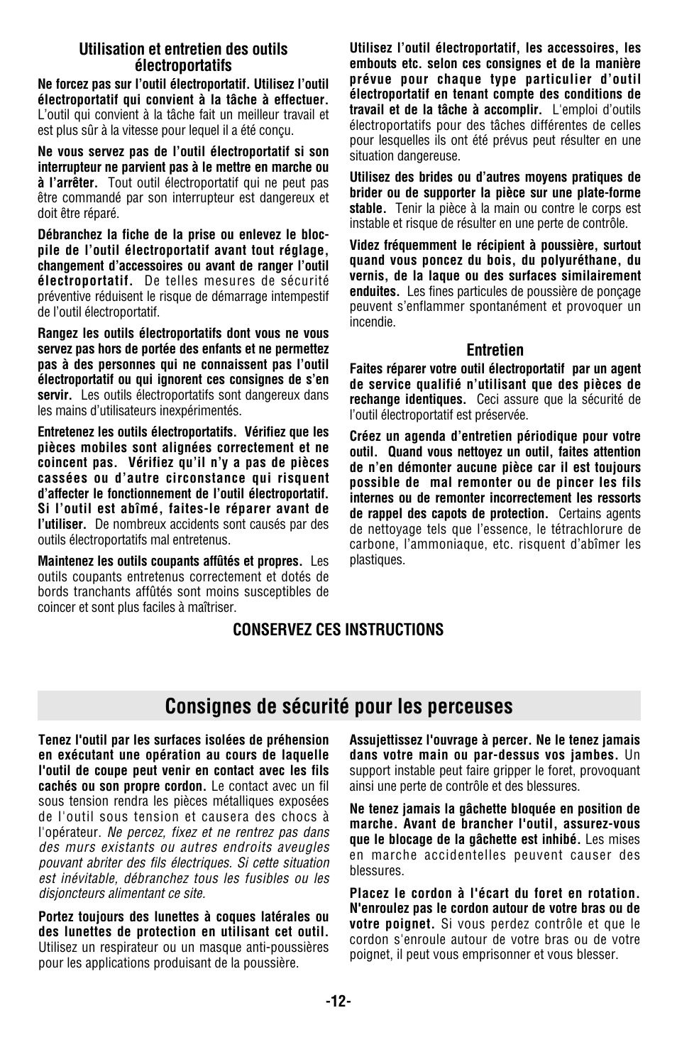 Consignes de sécurité pour les perceuses | Bosch 1004VSR User Manual | Page 12 / 32
