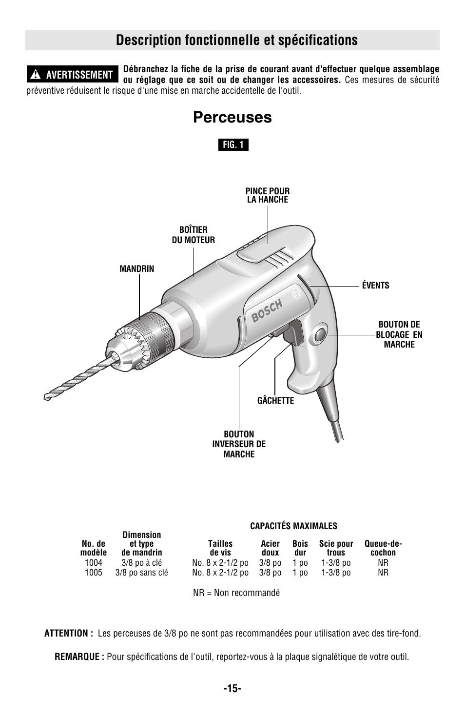 Perceuses, Description fonctionnelle et spécifications | Bosch 1004VSR User Manual | Page 15 / 32