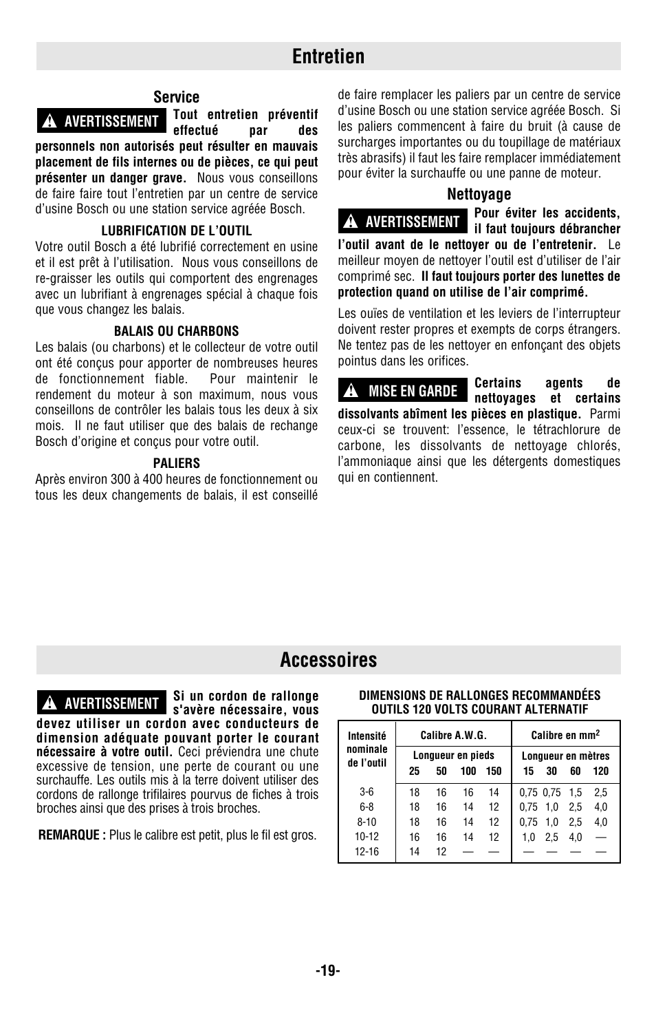 Entretien, Accessoires, Service | Nettoyage, Mise en garde ! avertissement ! avertissement, Avertissement | Bosch 1004VSR User Manual | Page 19 / 32