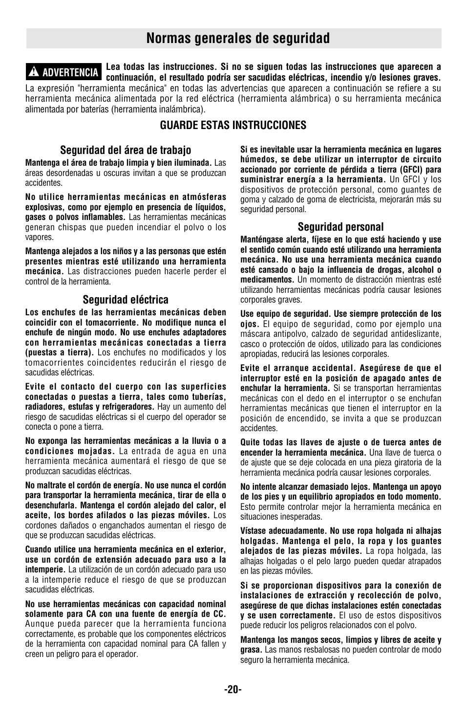 Normas generales de seguridad | Bosch 1004VSR User Manual | Page 20 / 32