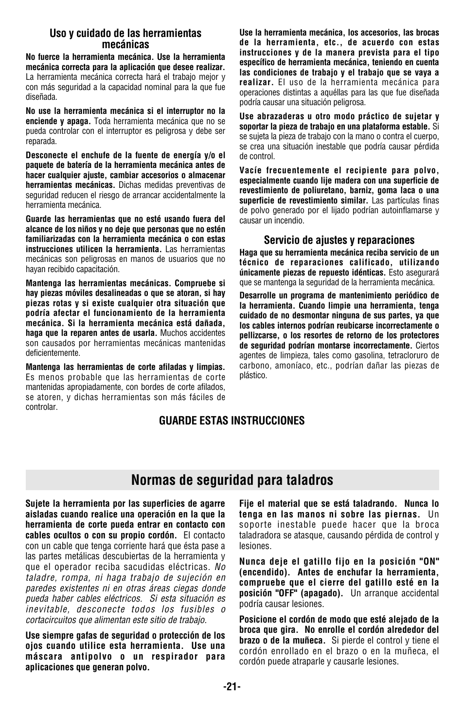 Normas de seguridad para taladros | Bosch 1004VSR User Manual | Page 21 / 32