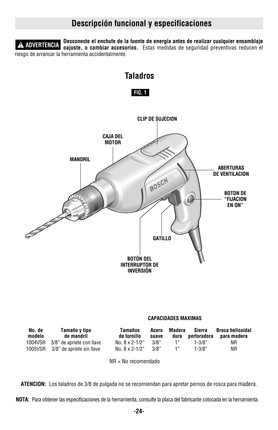 Descripción funcional y especificaciones, Taladros | Bosch 1004VSR User Manual | Page 24 / 32