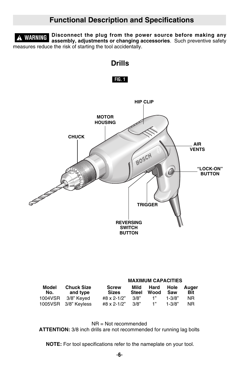 Functional description and specifications, Drills, Warning | Bosch 1004VSR User Manual | Page 6 / 32