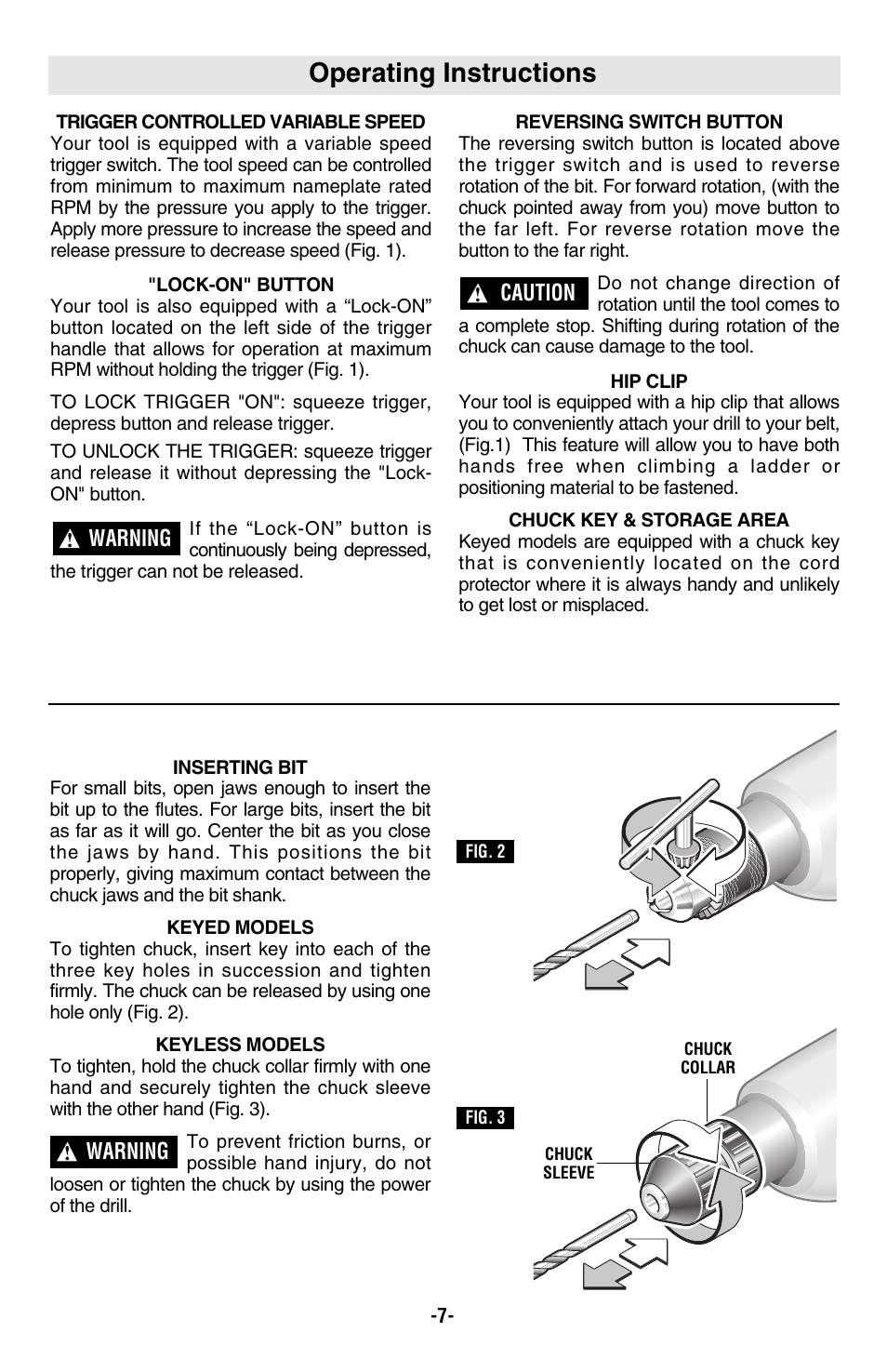 Operating instructions, Warning, Caution | Bosch 1004VSR User Manual | Page 7 / 32
