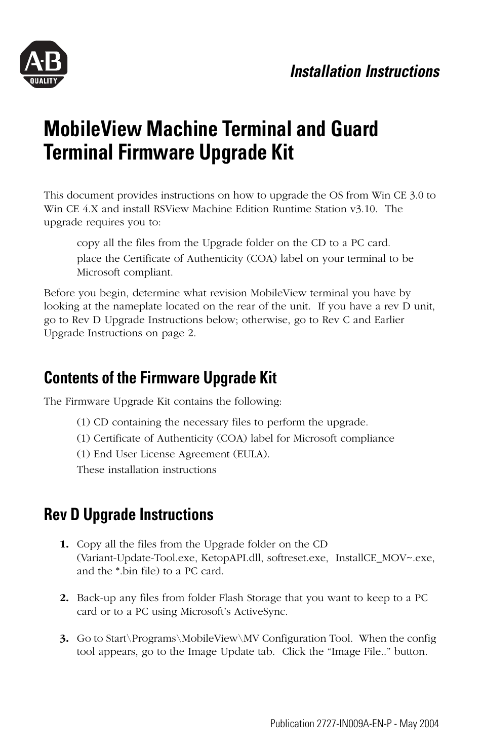 Rockwell Automation 2727 MobileView Machine Terminal and Guard Terminal Firmware Upgrade Kit User Manual | 4 pages