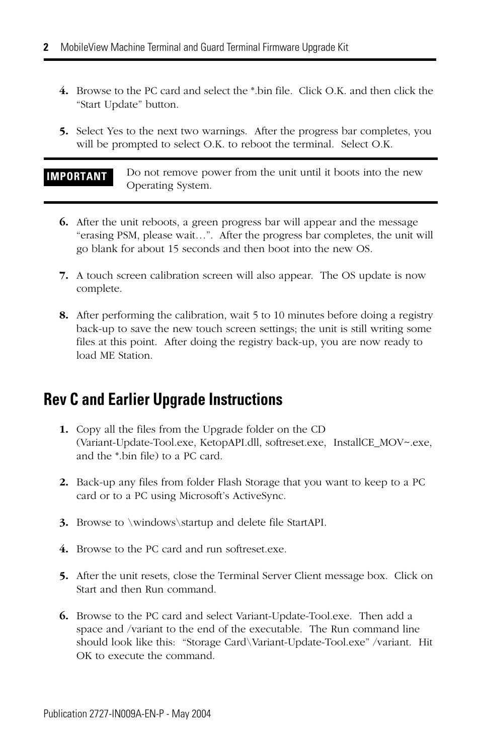 Rev c and earlier upgrade instructions | Rockwell Automation 2727 MobileView Machine Terminal and Guard Terminal Firmware Upgrade Kit User Manual | Page 2 / 4