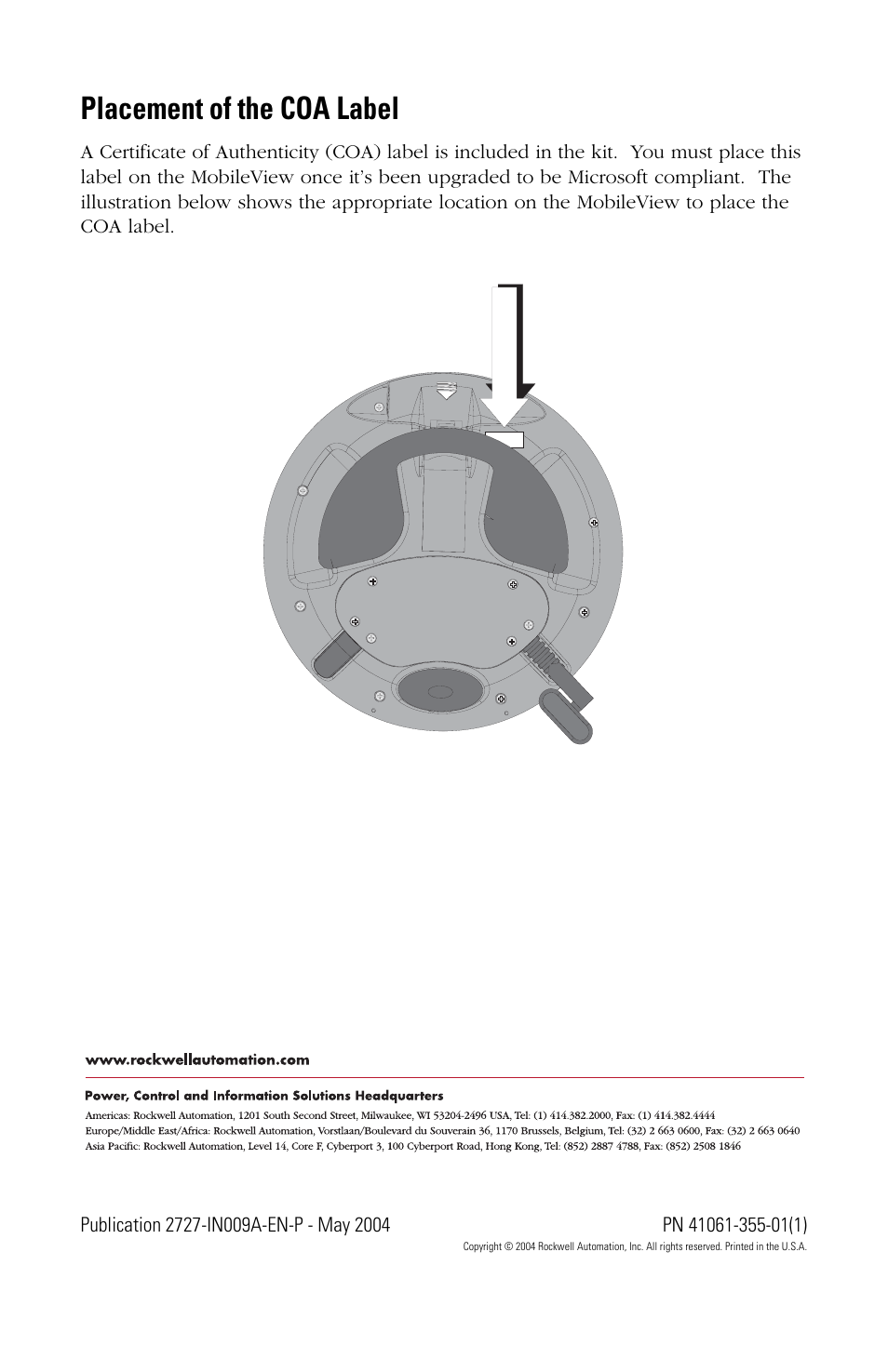 Placement of the coa label, Back cover | Rockwell Automation 2727 MobileView Machine Terminal and Guard Terminal Firmware Upgrade Kit User Manual | Page 4 / 4