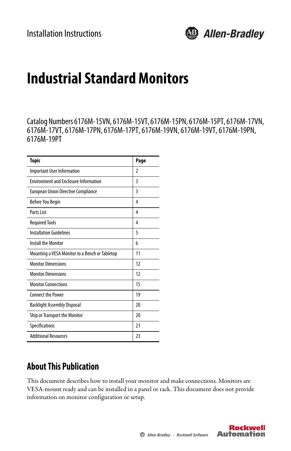 Rockwell Automation 6176M-xxxx Standard Industrial Monitors Installation Instructions User Manual | 24 pages