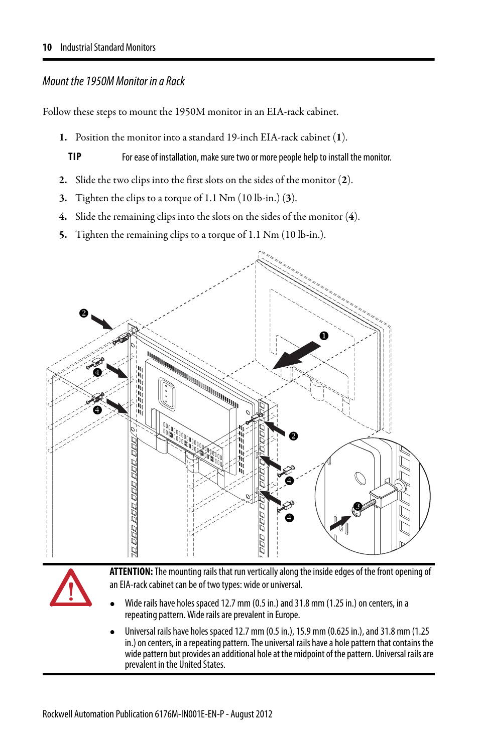 Mount the 1950m monitor in a rack | Rockwell Automation 6176M-xxxx Standard Industrial Monitors Installation Instructions User Manual | Page 10 / 24
