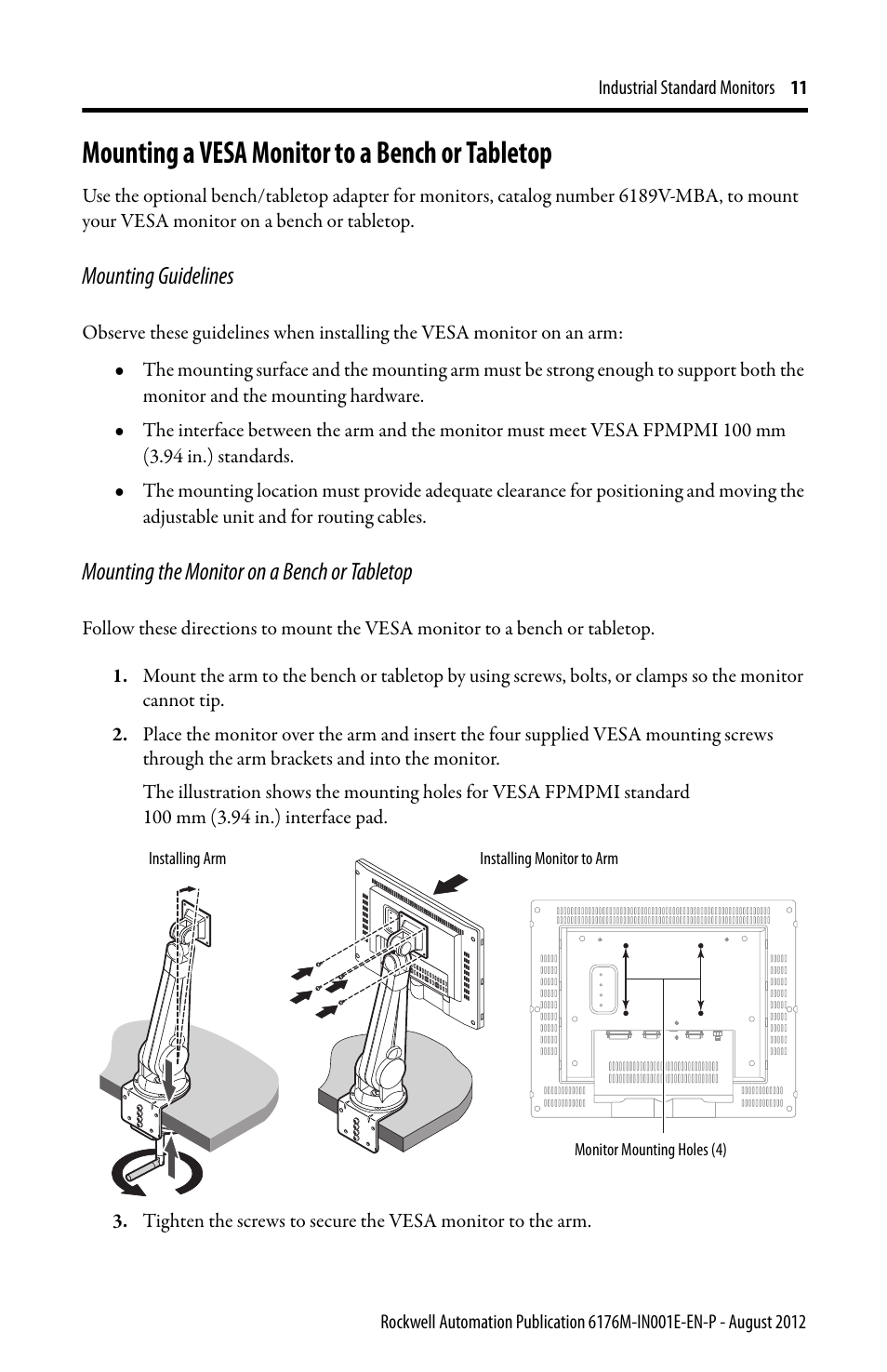 Mounting a vesa monitor to a bench or tabletop, Mounting guidelines, Mounting the monitor on a bench or tabletop | Rockwell Automation 6176M-xxxx Standard Industrial Monitors Installation Instructions User Manual | Page 11 / 24