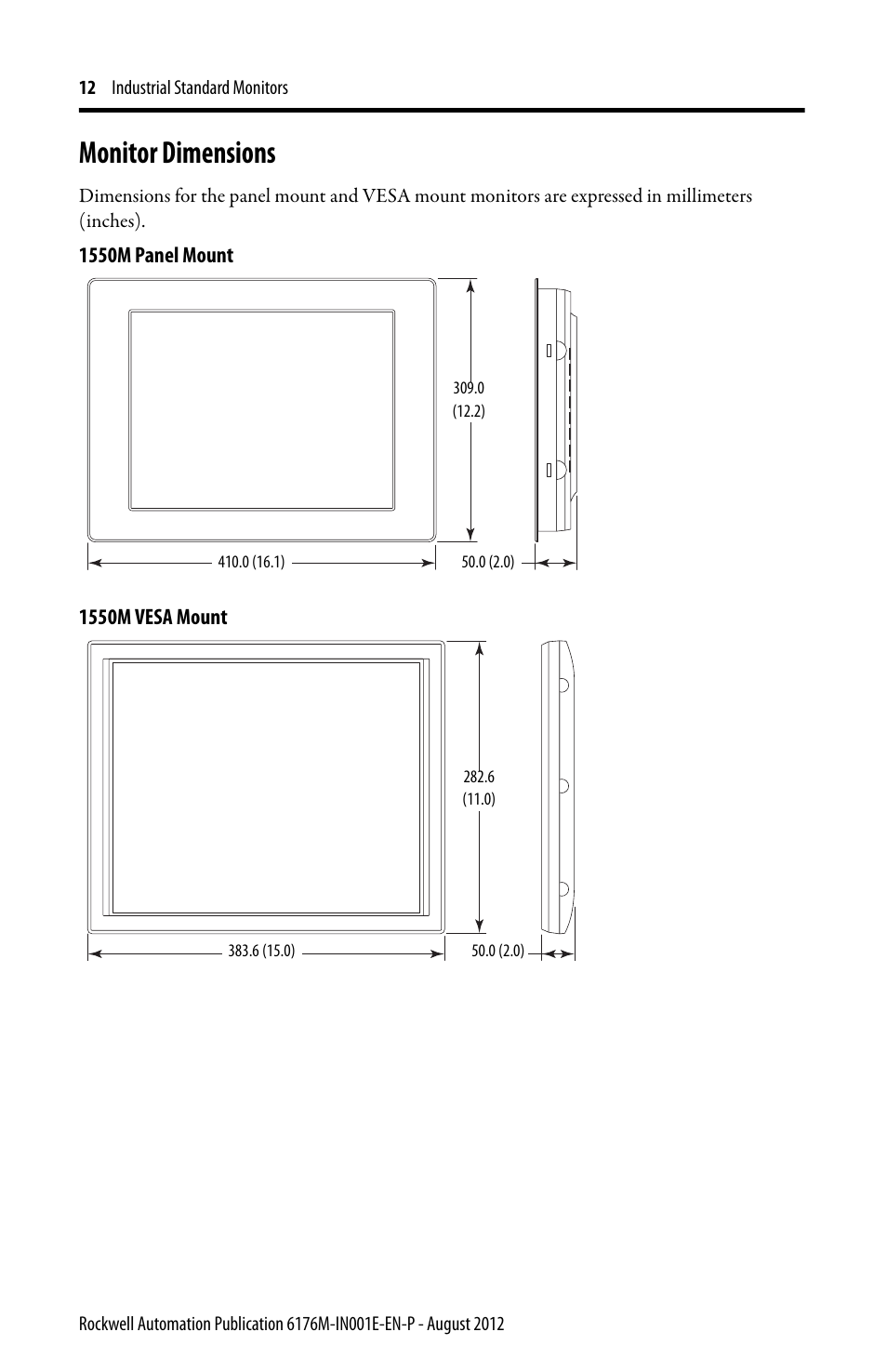 Monitor dimensions | Rockwell Automation 6176M-xxxx Standard Industrial Monitors Installation Instructions User Manual | Page 12 / 24