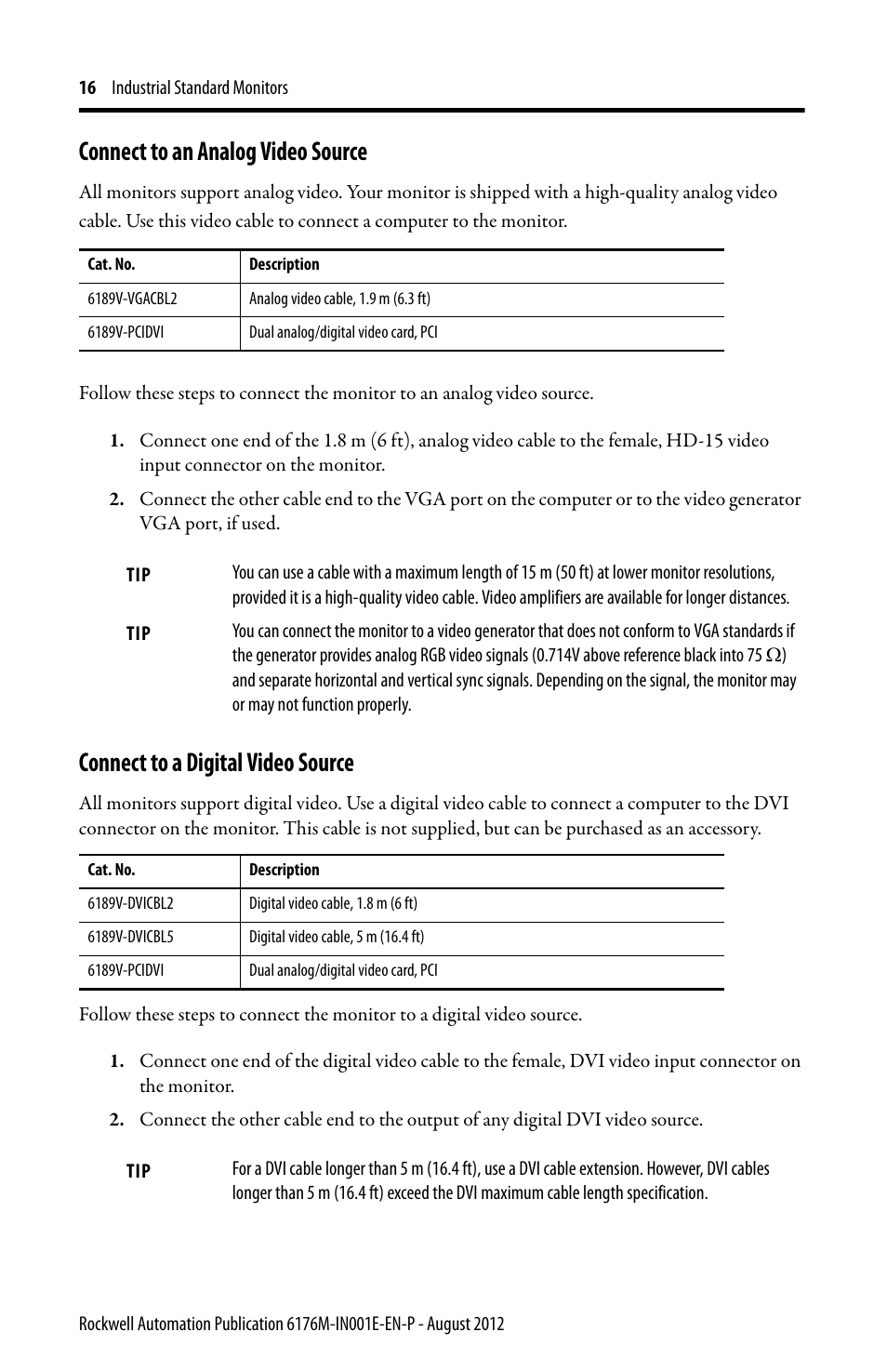 Connect to an analog video source, Connect to a digital video source | Rockwell Automation 6176M-xxxx Standard Industrial Monitors Installation Instructions User Manual | Page 16 / 24