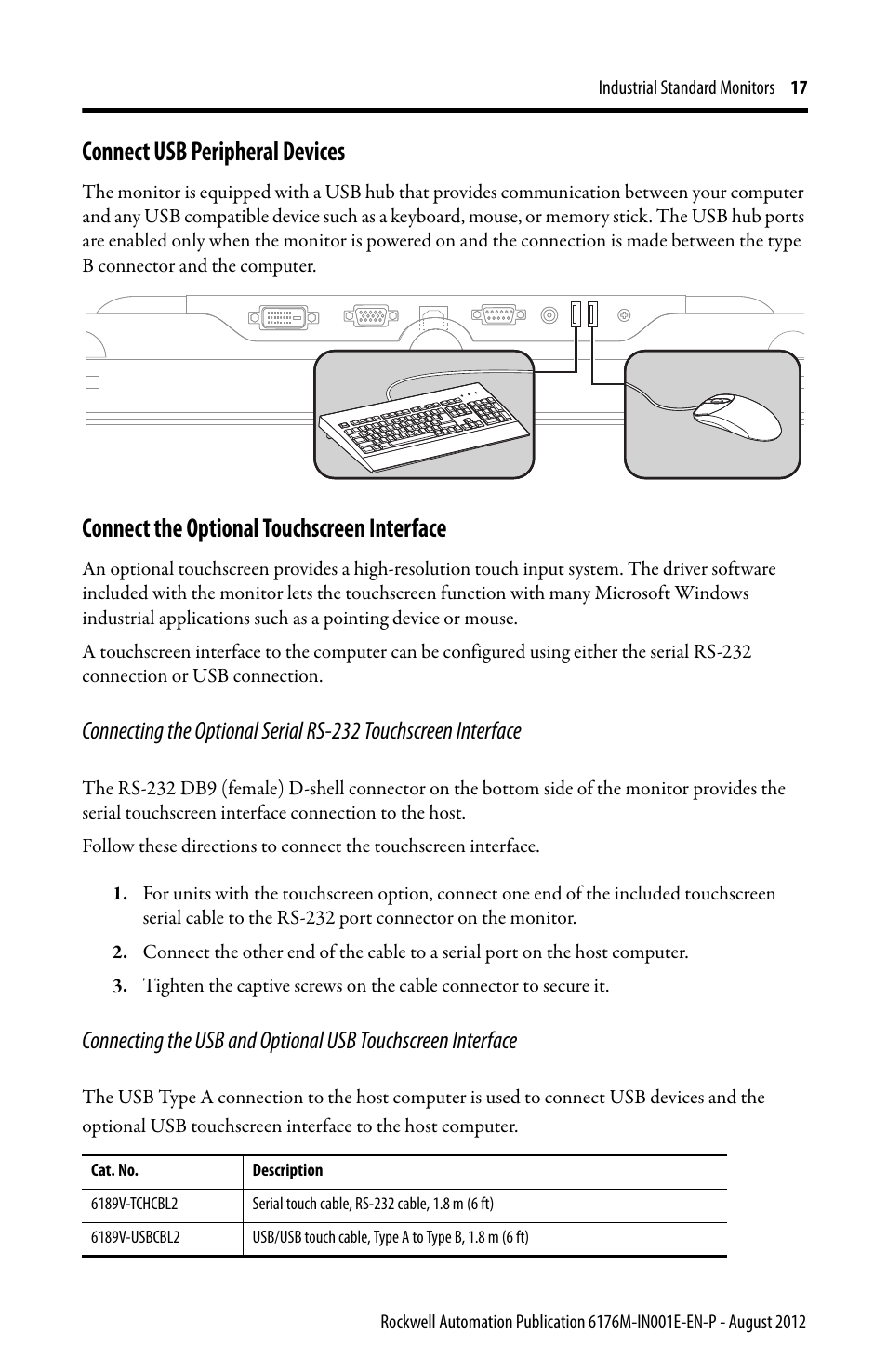 Connect usb peripheral devices, Connect the optional touchscreen interface | Rockwell Automation 6176M-xxxx Standard Industrial Monitors Installation Instructions User Manual | Page 17 / 24