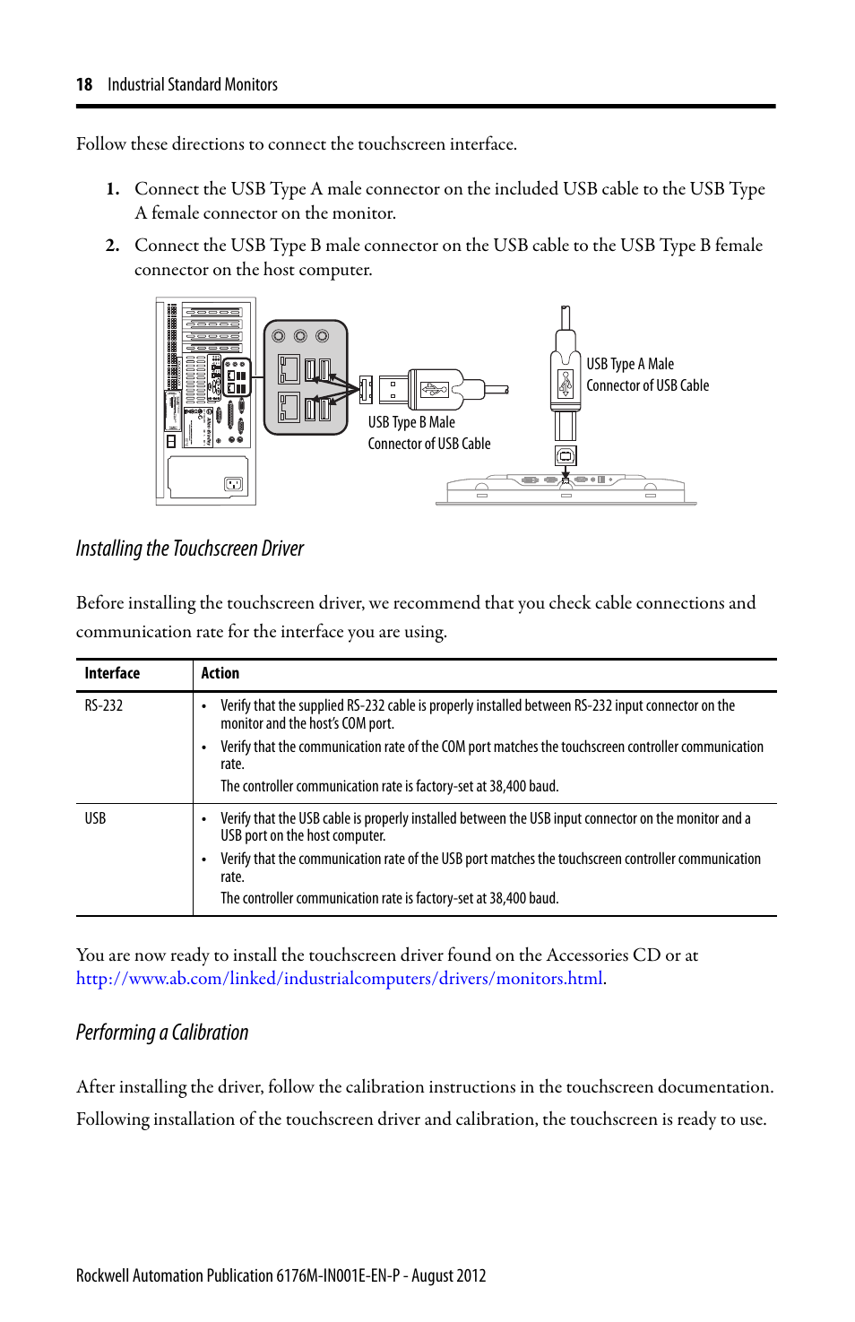 Installing the touchscreen driver, Performing a calibration | Rockwell Automation 6176M-xxxx Standard Industrial Monitors Installation Instructions User Manual | Page 18 / 24