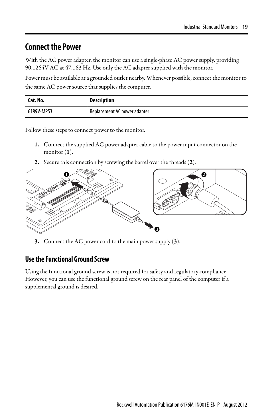 Connect the power, Use the functional ground screw | Rockwell Automation 6176M-xxxx Standard Industrial Monitors Installation Instructions User Manual | Page 19 / 24