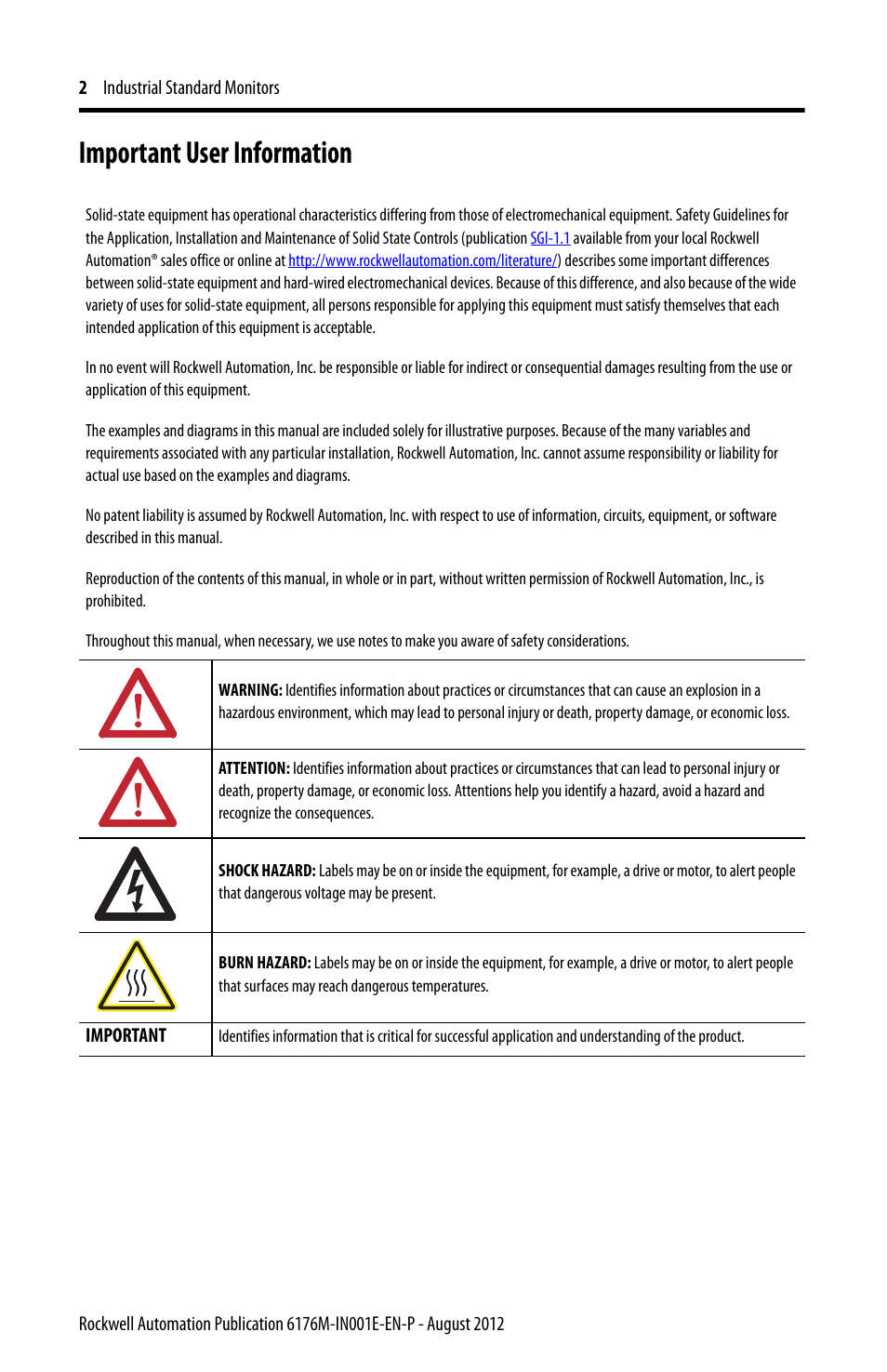 Important user information | Rockwell Automation 6176M-xxxx Standard Industrial Monitors Installation Instructions User Manual | Page 2 / 24