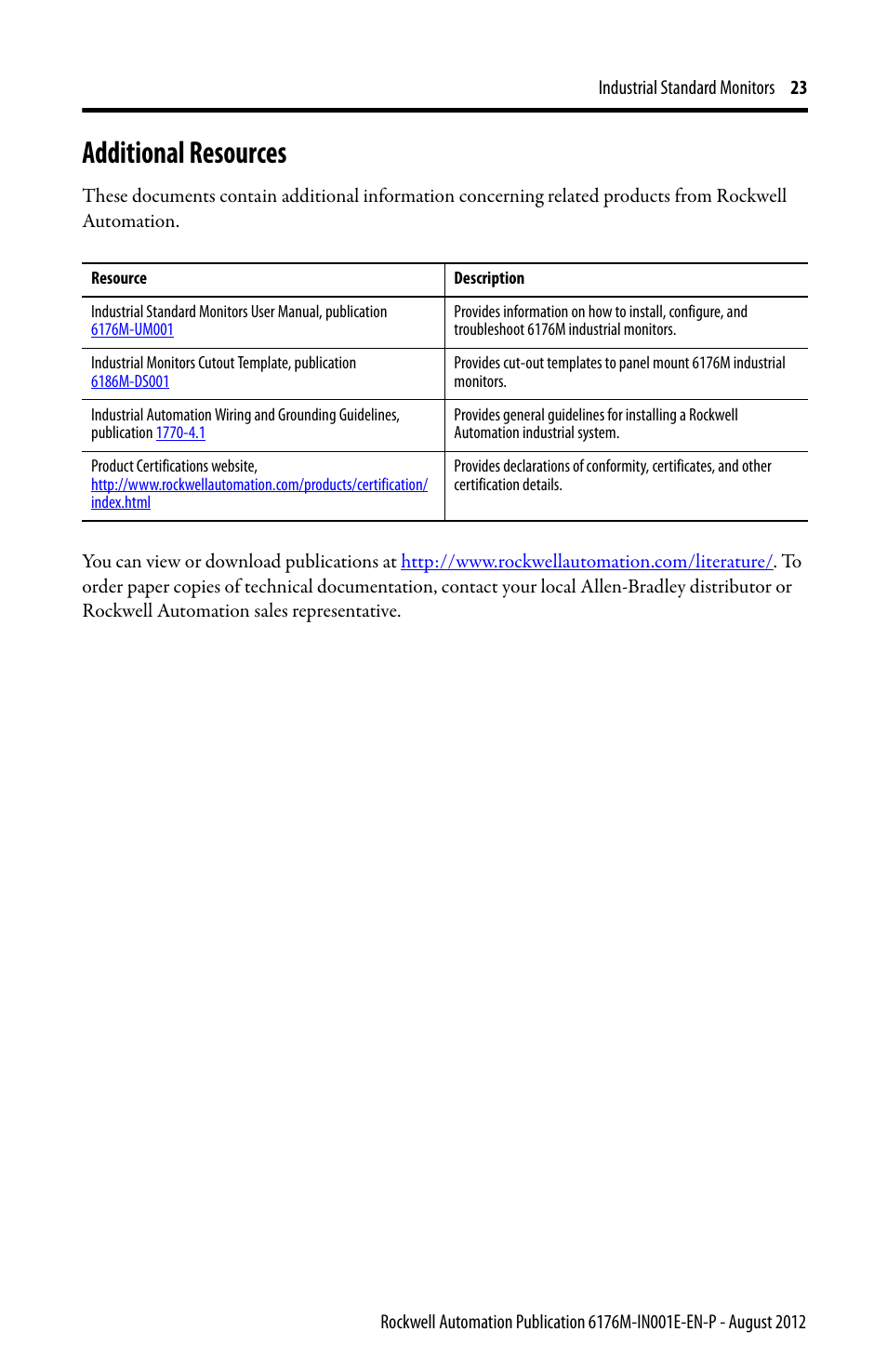 Additional resources | Rockwell Automation 6176M-xxxx Standard Industrial Monitors Installation Instructions User Manual | Page 23 / 24