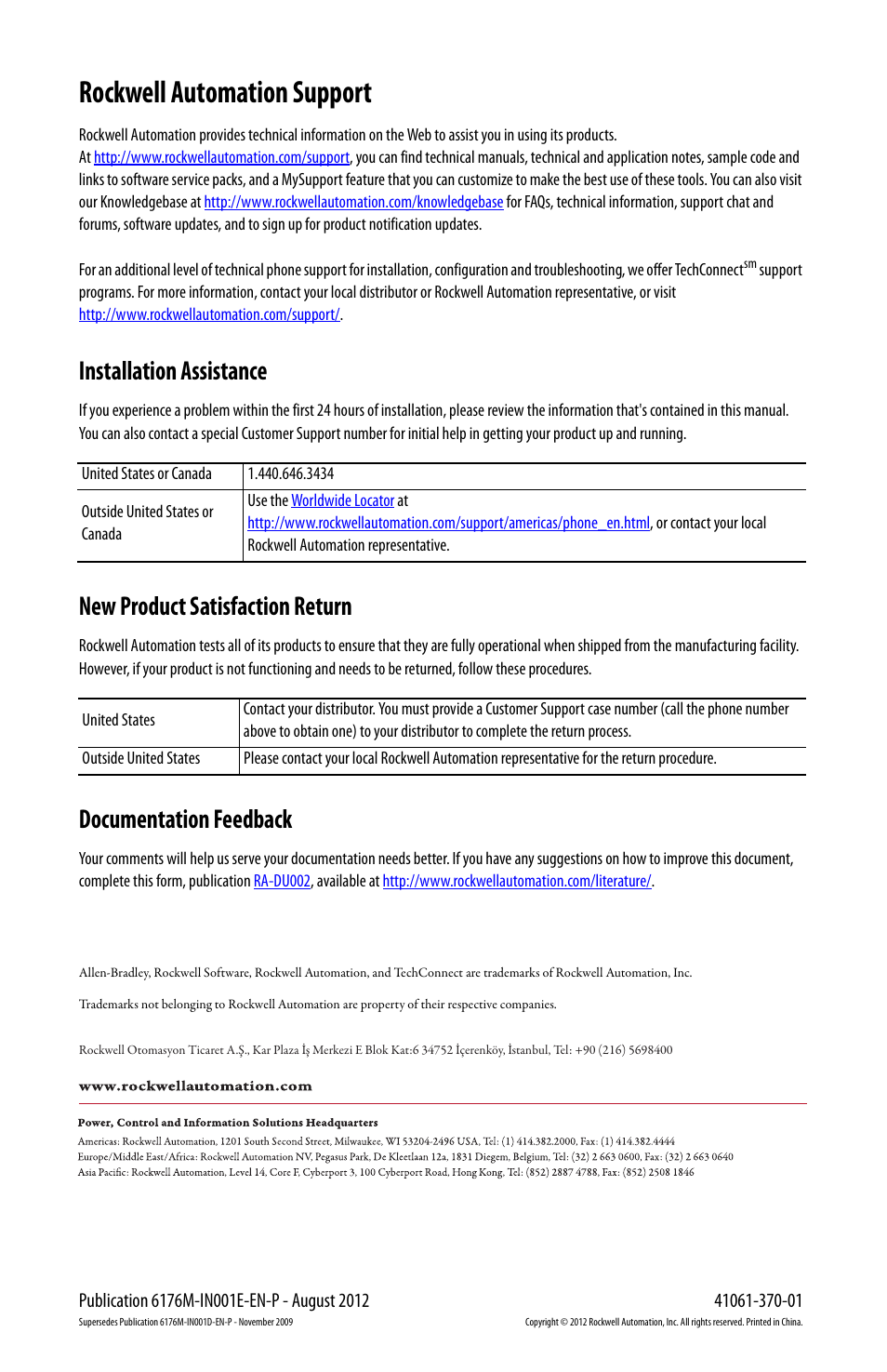 Back cover/rockwell support, Rockwell automation support, Installation assistance | New product satisfaction return, Documentation feedback | Rockwell Automation 6176M-xxxx Standard Industrial Monitors Installation Instructions User Manual | Page 24 / 24