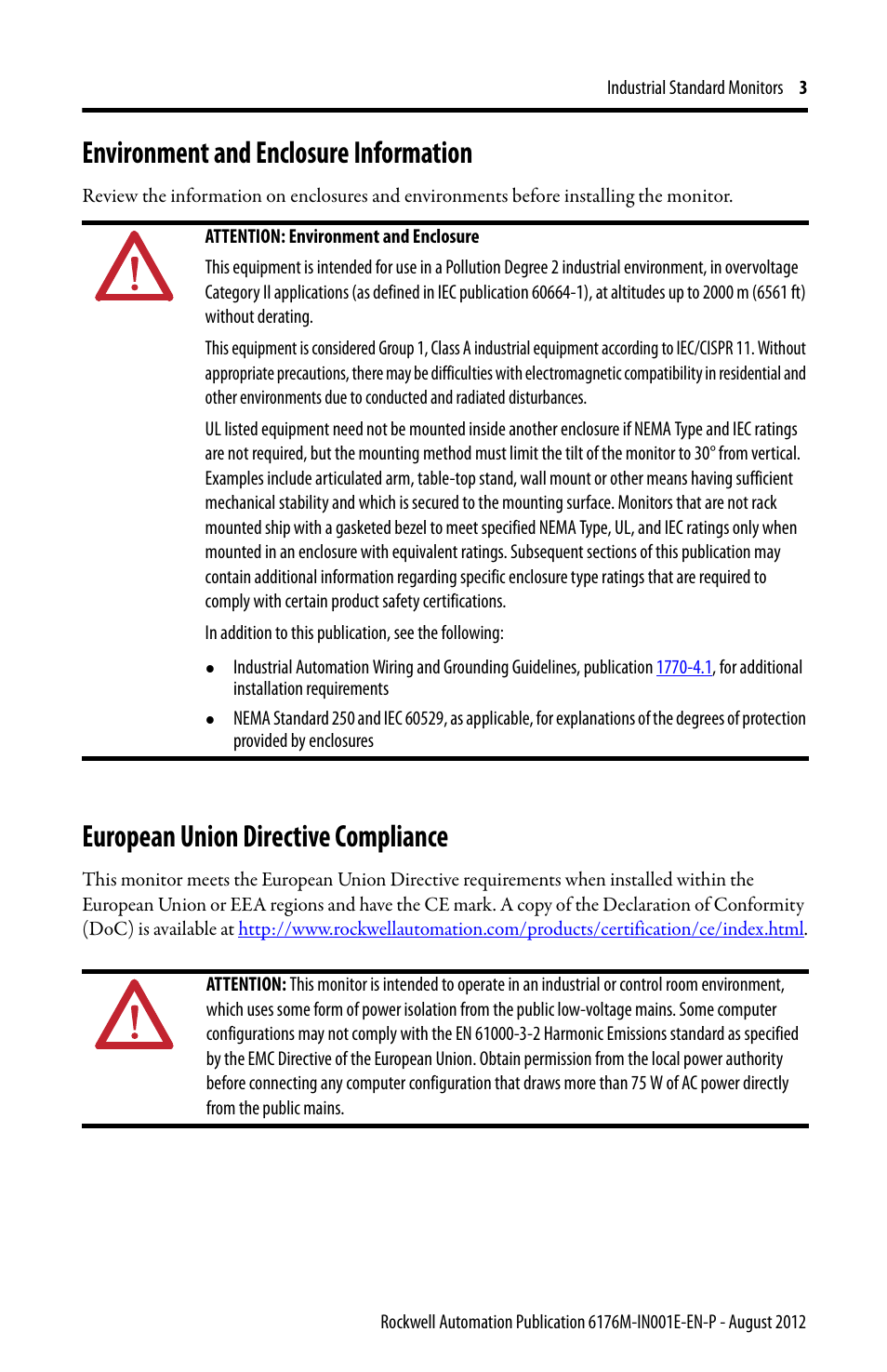 Environment and enclosure information, European union directive compliance | Rockwell Automation 6176M-xxxx Standard Industrial Monitors Installation Instructions User Manual | Page 3 / 24