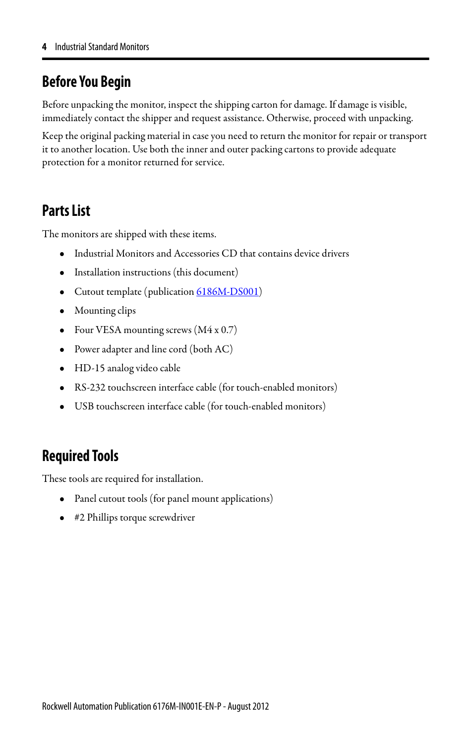 Before you begin, Parts list, Required tools | Rockwell Automation 6176M-xxxx Standard Industrial Monitors Installation Instructions User Manual | Page 4 / 24